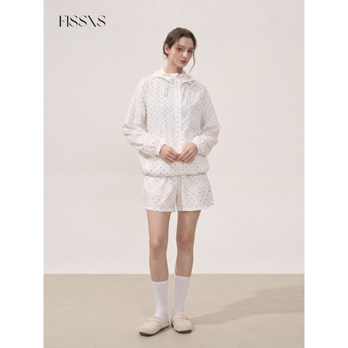 FISSXS 夏季轻薄UPF50波点休闲宽松连帽长袖防晒服裤子套装女