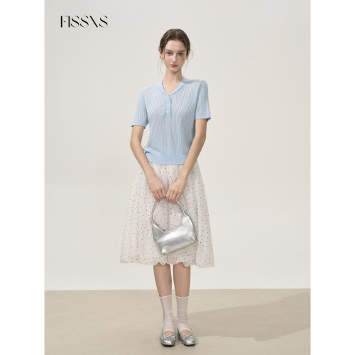 FISSXS 夏季新款浅蓝色冰丝薄款透气POLO宽松显瘦针织短袖上衣女
