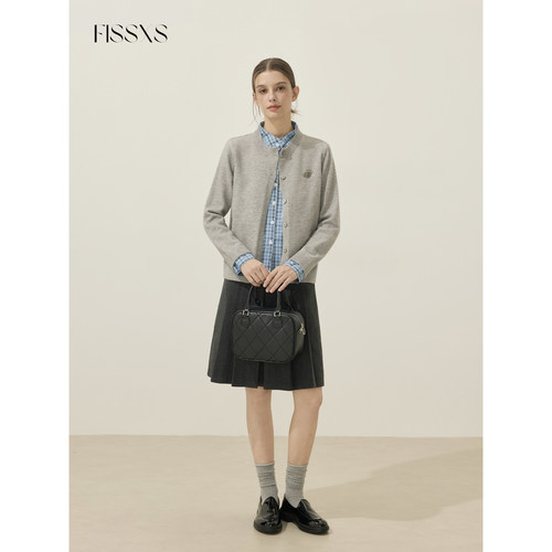 FISSXS灰色拼接蓝色格子假两件正肩休闲百搭通勤开衫毛衣外套女