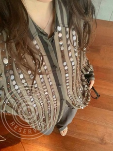 无D推荐 饰长袖 美爆了 优雅气质重工手工钉珠片装 衬衫 半裙套装