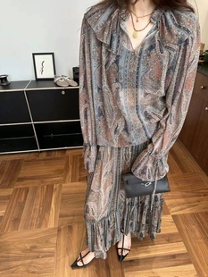 优雅老钱 25夏新款 度假风腰果花荷叶边花瓣领衬衫 长半身裙套装