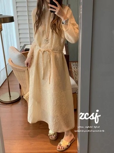 腰带修身 奢华质感 长袖 通勤气质冠乐绉真丝连衣裙 长裙女 24春夏季