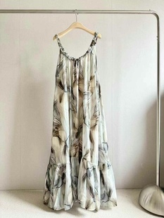 25夏季 吊带裙印花长裙 新品 莫奈花卉南法连衣裙苎麻V领度假风长款