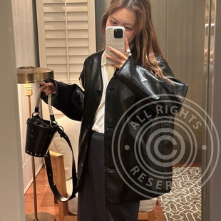 摩登年代 中长款 简约v领法式 百搭复古休闲外套女 皮衣春季 新款