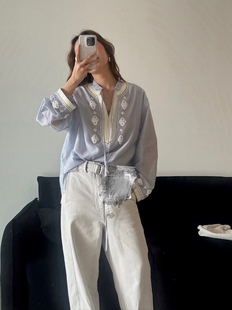 衬衣女 设计师高端定制 法式 时尚 清爽气质百搭钉珠浅蓝色真丝长袖