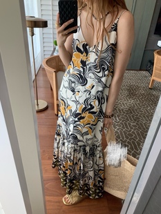 连衣裙茶歇裙 度假风真丝双绉印花吊带裙鱼尾裙桑蚕丝v领气质长款