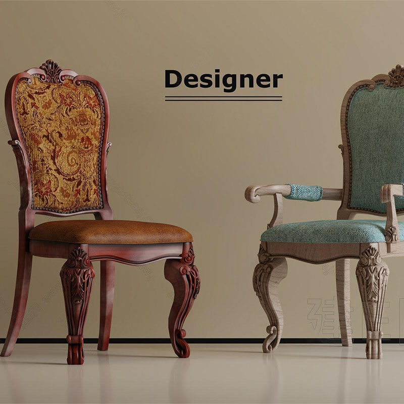 欧式古典实木餐椅设计师款雕花靠背椅单人沙发椅美式印花布雕花椅