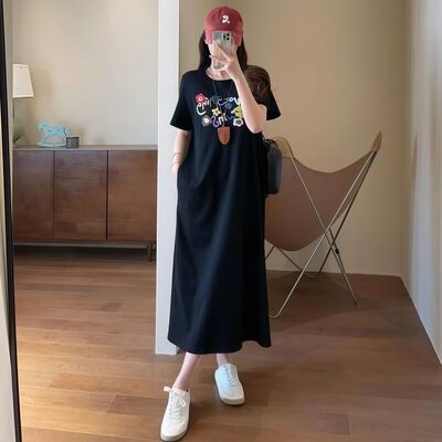 纯棉重工刺绣口袋T恤连衣裙女