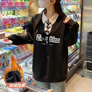 加绒polo领上衣女长袖大码胖MM设计感小众翻领卫衣宽松300斤外套