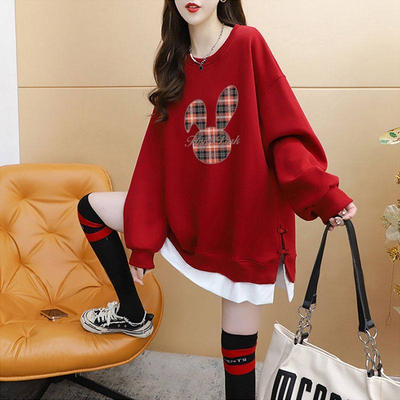 韩版宽松大码胖mm中长款上衣女长袖休闲圆领新中式国风假两件卫衣,女装/女士精品,卫衣/绒衫,淘宝优惠券,粉丝福利购,淘宝优惠卷