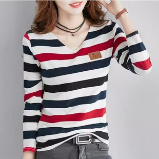 95棉条纹新款长袖t恤女学生韩版修身打底衫显瘦百搭上衣春秋体恤