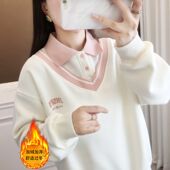 大码 300斤设计感polo领假两件卫衣女秋冬季 胖mm加绒加厚上衣外套