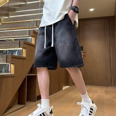 黑色牛仔短裤男潮流宽松休闲五分裤夏季薄款复古水洗男款运动裤子