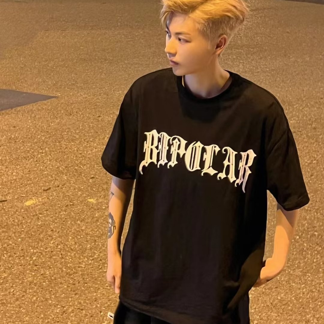 国潮街头嘻哈印花bipolar短袖男