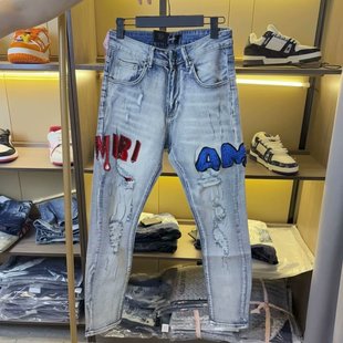 牛仔裤 跨境新款 蓝色破洞字母刺绣弹力中腰小脚男式 外贸风格 潮 时尚