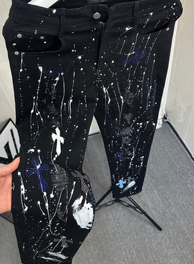 春季轻奢风十字架烫钻镶钻泼墨涂鸦牛仔裤男修身刺绣高街潮牌长裤