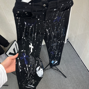 刺绣高街潮牌长裤 男修身 轻奢风十字架烫钻镶钻泼墨涂鸦牛仔裤 春季