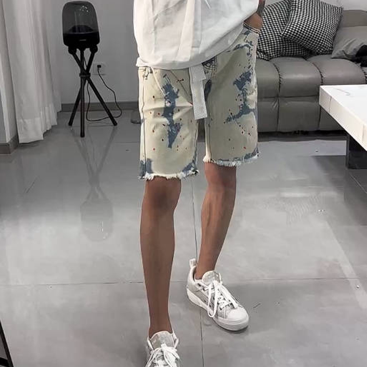 夏季个性轻奢牛仔短裤男网红韩版高级痞帅泼墨毛边波点宽松五分裤
