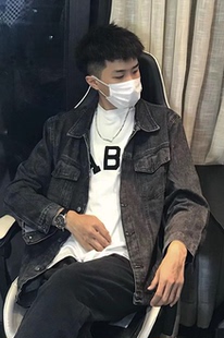 外搭痞帅高级感夹克 炸街美式 秋季 黑灰牛仔外套男潮牌纯色上衣美式