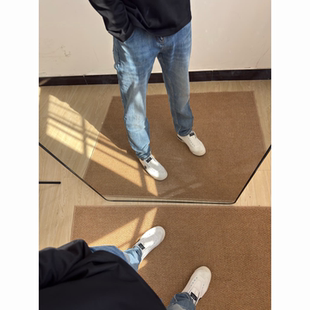 网红复古水洗蓝色牛仔裤男修身直筒做旧长裤休闲裤子显瘦青春流行