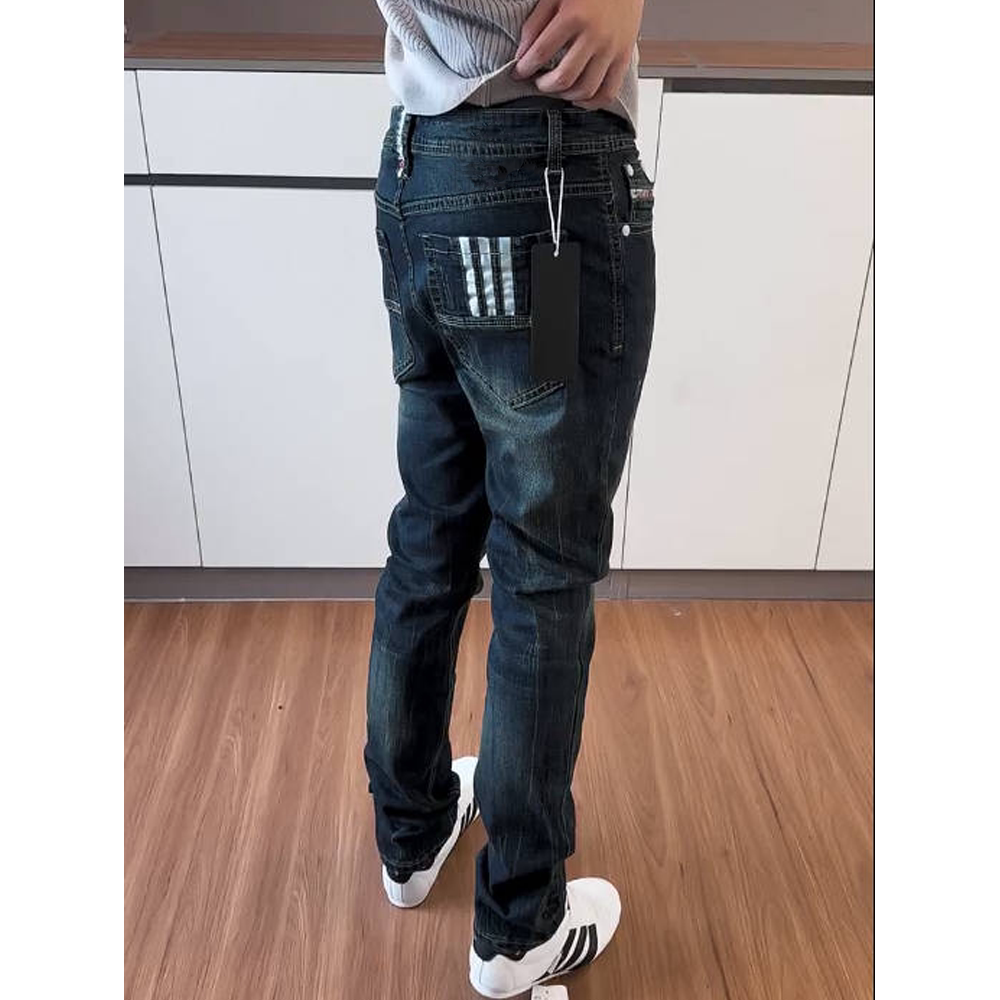 秋季新款修身深蓝牛仔裤男生潮流百搭直筒裤三杠弹力轻奢个性长裤