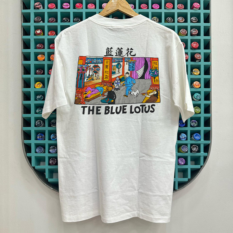 The Blue Lotus丁丁历险记动画短袖T恤vintage纯棉设计感美式半袖