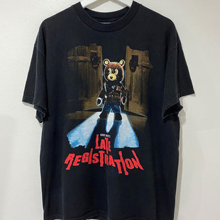 Kanye West辍学熊侃爷短袖美式复古半袖衫嘻哈宽松街头高街男t恤