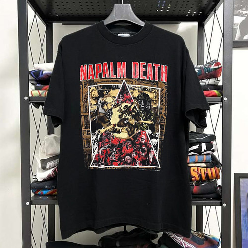 Napalm Death乐队美式复古潮流落肩oldschool插画重机车风短袖T恤