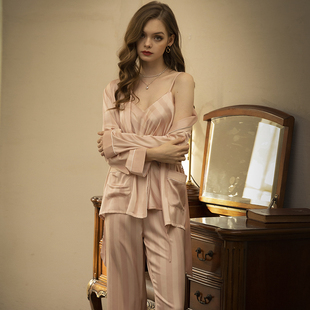 桑蚕丝性感睡衣女春夏秋真丝吊带睡袍条纹三件套装长袖长裤家居服