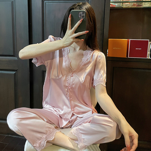 桑蚕丝真丝睡衣女春夏纯欲风蕾丝公主风两件套蚕丝性感休闲家居服