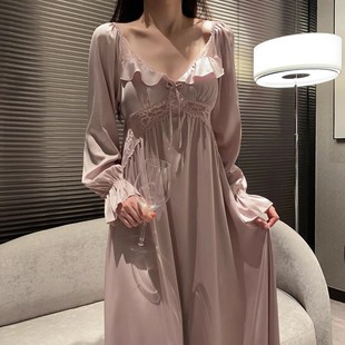 桑蚕丝睡衣女春秋夏季薄款睡裙蕾丝性感法式长袖真丝带胸垫家居服