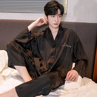 桑蚕丝真丝睡衣男士春秋季长袖长裤2026年条纹高级感家居服套装