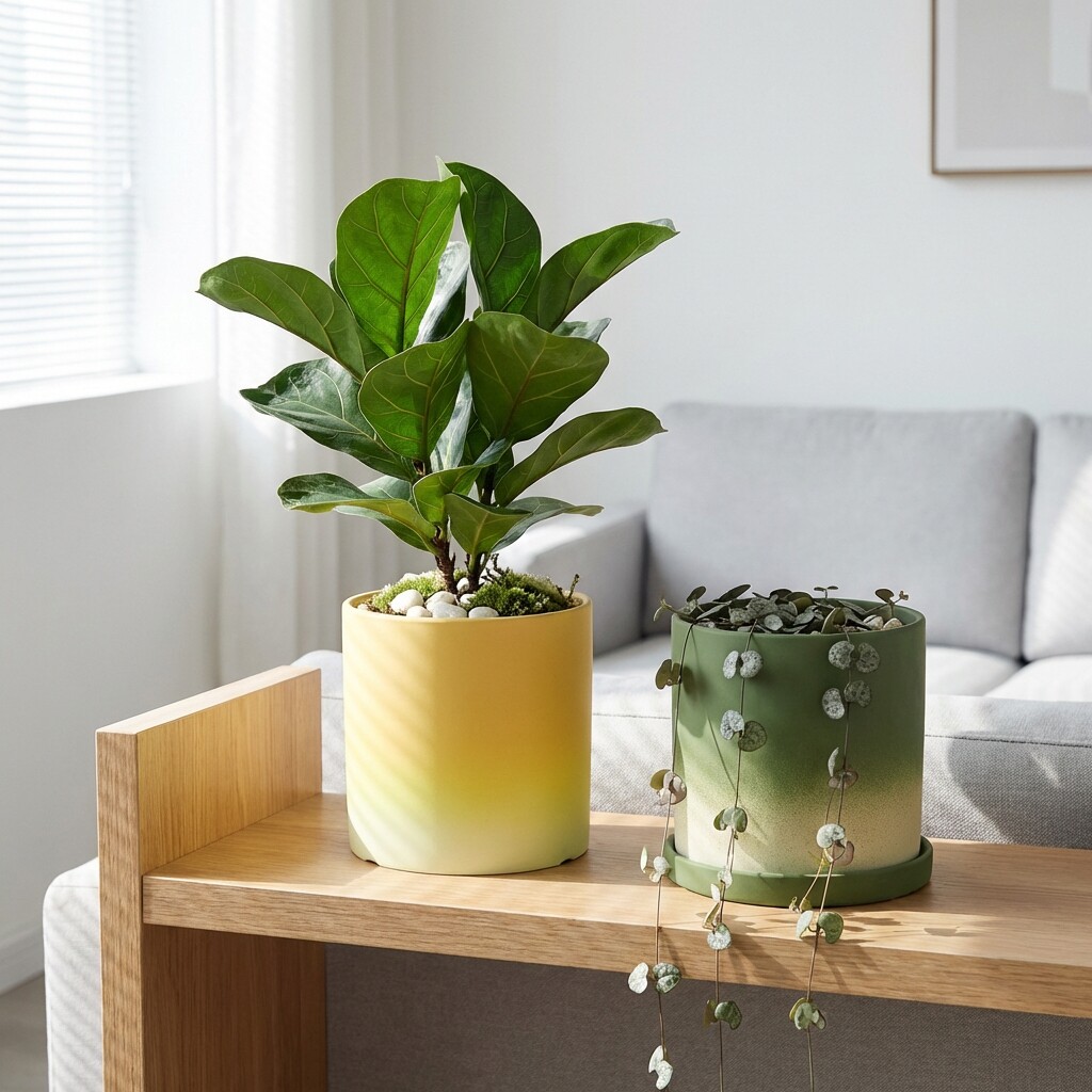 简约素烧渐变抹茶绿陶瓷直筒花盆绿植陶土盆栽透气大号口径花盆