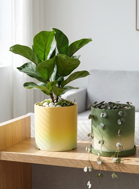 简约素烧渐变抹茶绿陶瓷直筒花盆绿植陶土盆栽透气大号口径花盆