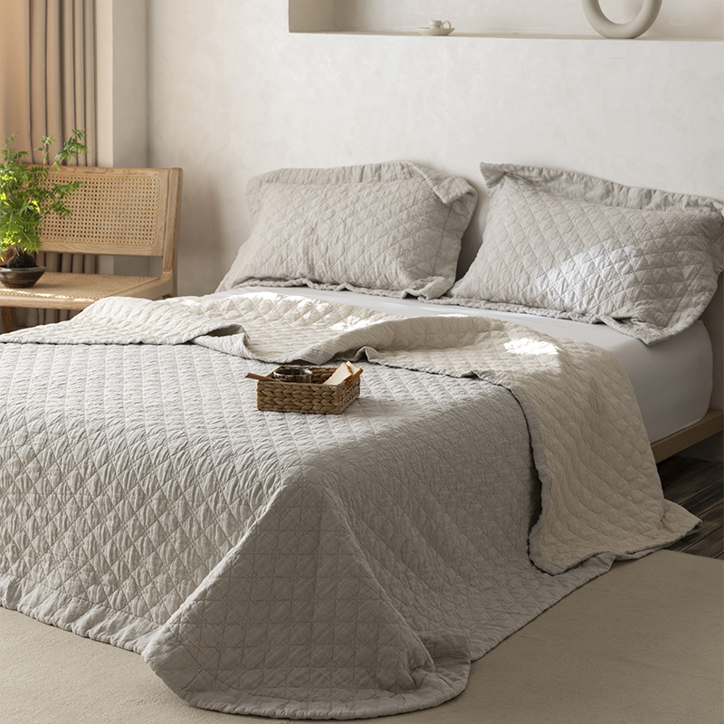 纯汉麻床盖三件套简约绗缝夹棉加厚床单三件套大麻亚麻多功能床盖
