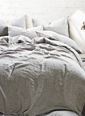 法国进口纯亚麻四件套简约大气浅灰色全亚麻床上用品雨露麻4件套