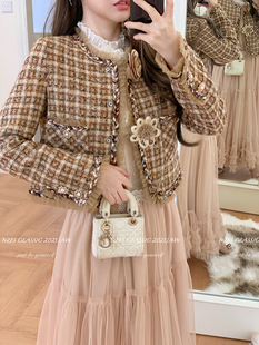 7506春秋法式 楠子家 复古拼色格纹拼接花边小香风短外套 NZFS