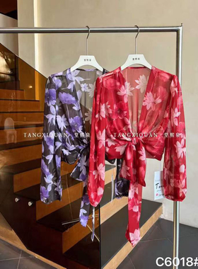 【堂家TXQ】C6018上衣春装长袖衬衫泉熙正品花衬衣系带子