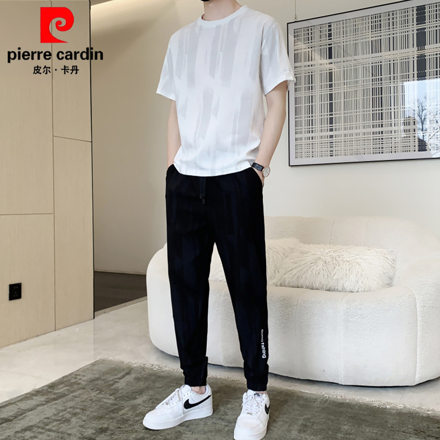 皮尔卡丹夏季冰丝休闲短袖t恤套装男士搭配帅气运动服潮流两件套