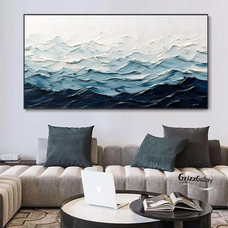 大芬村纯手绘油画抽象大海风景海浪客厅装饰画肌理办公室书房挂画图片