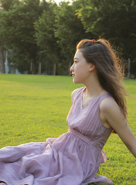 拼色无袖温柔连衣裙 清仓价ZEERE橡皮粉酒红色双色 V领无袖连衣裙