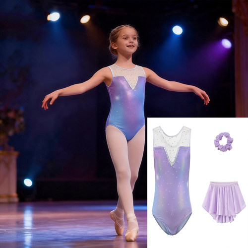 儿童烫钻芭蕾练功服女童网纱体操服+裙摆连体 gymnastics Leotard