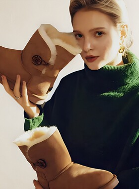 澳洲TASMAN AUS雪地靴男女羊皮毛一体加绒保暖单扣短靴990203A