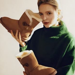 澳洲TASMAN AUS雪地靴男女羊皮毛一体加绒保暖单扣短靴990203A