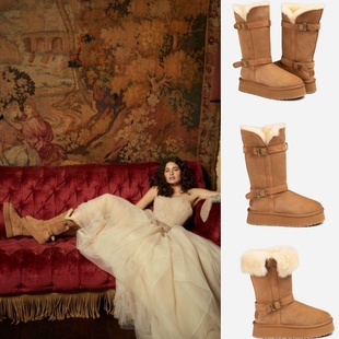 澳洲直邮OZWEAR高筒雪地靴女冬澳洲羊皮毛一体厚底骑士靴搭扣防滑