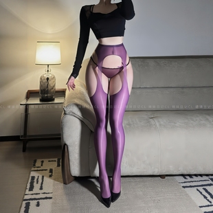 辣妹日记CL「浮影」四面镂空油亮紫色丝袜吊带一体性感丝滑黑丝女
