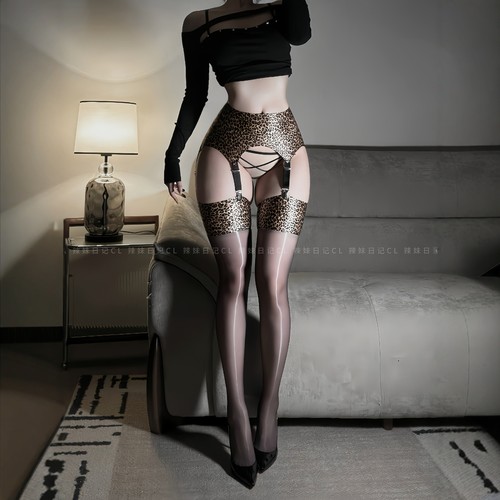 0D豹纹极光油亮长筒袜分体吊带袜