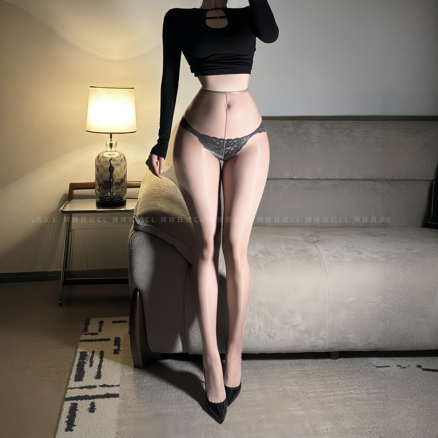 超博微油亮极细腰边空姐灰0D黑丝