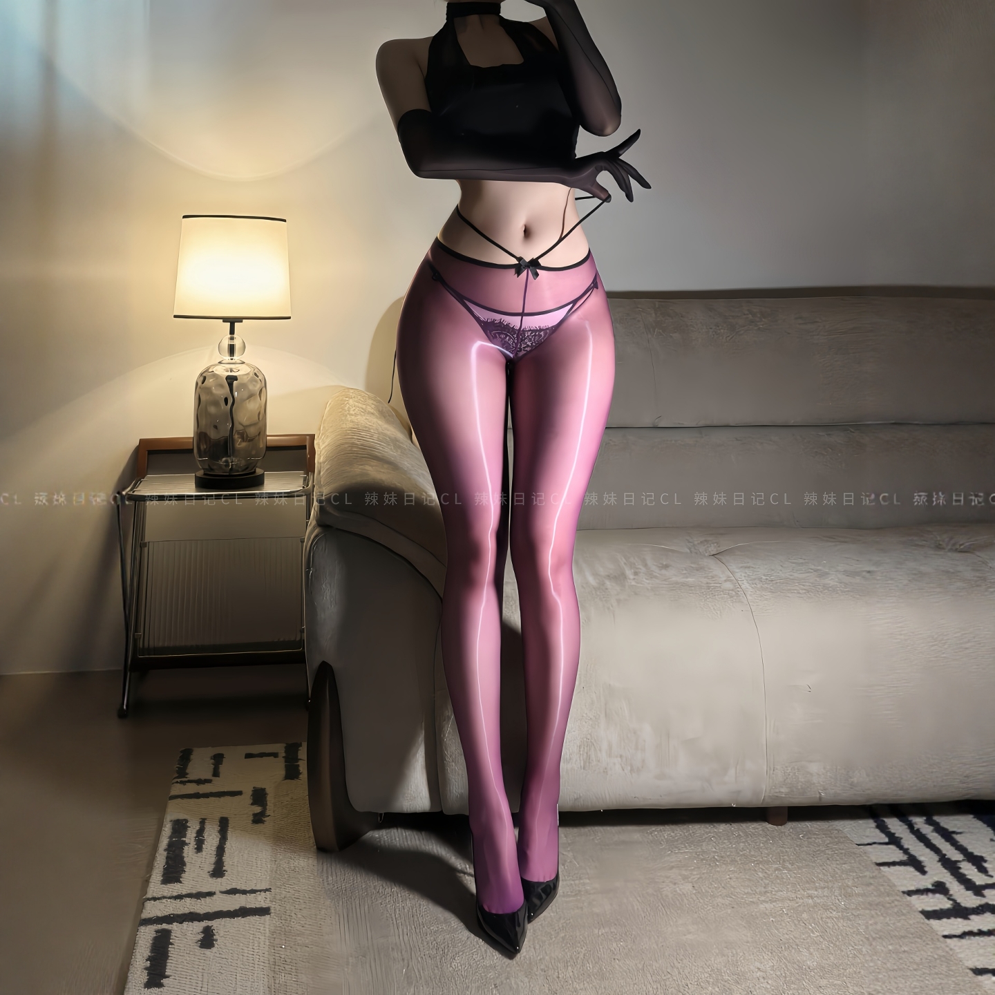 蝴蝶结细带腰边紫色极光连裤袜女