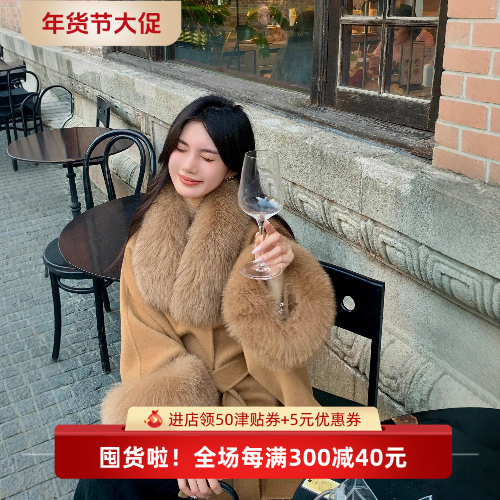 素依阁秋冬季慵懒风系带羊绒双面大衣女狐狸毛袖羊毛呢斗篷外套